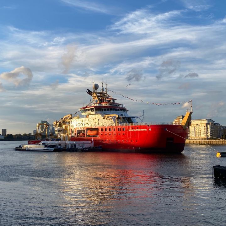 RRS Sir David Attenborough moors in Greenwich before research mission to Antarctica